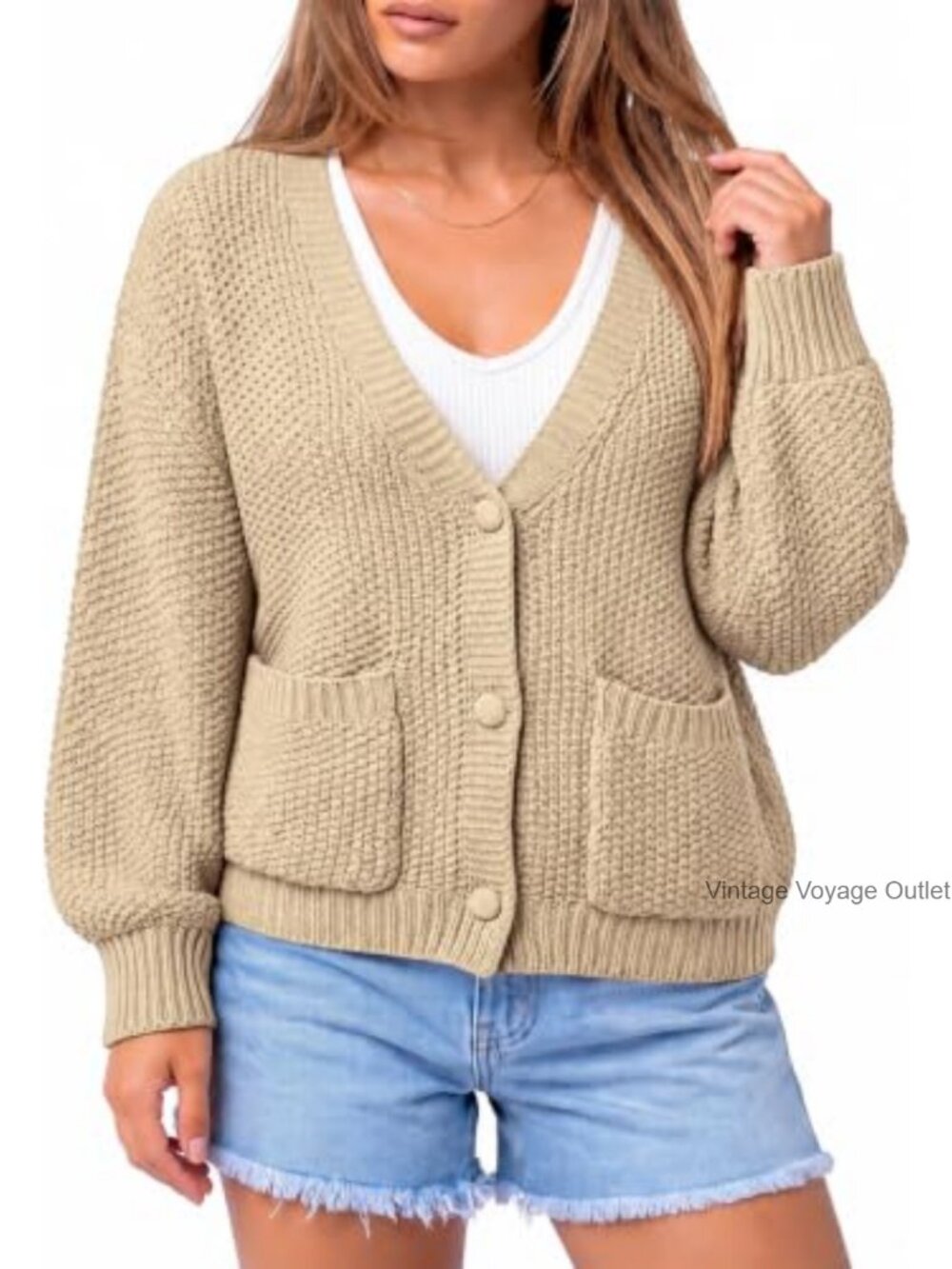 Women's Cropped Cardigan Sweater Chunky Knit V-Neck Button Down
